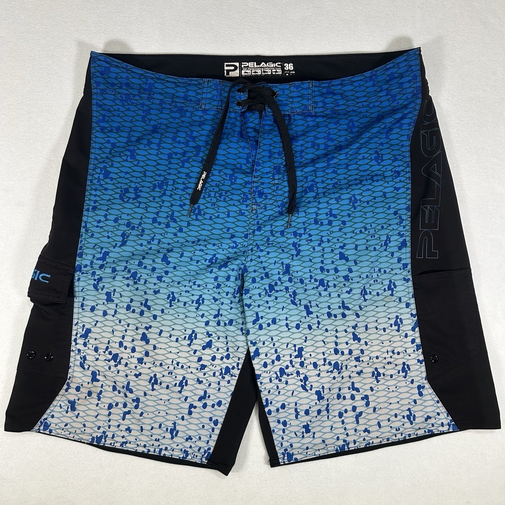 Pelagic Mens Swim Trunks Board Shorts Size 36‎ Blue Black Geometric Fishing Surf